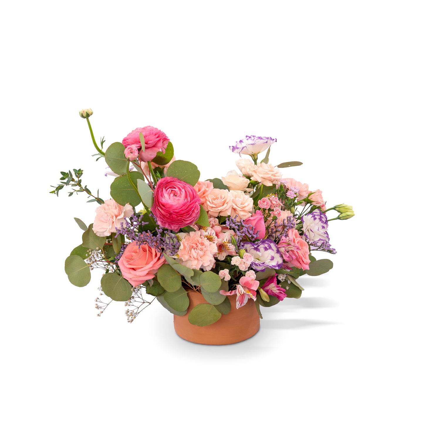 Arreglo "Rio de Flores" con Ranúnculos, Claveles, Rosas, Lisianthus y Raffini